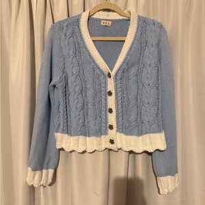 POL Two-Tone Cable Knit V-Neck Cardigan in Light Blue and Cream